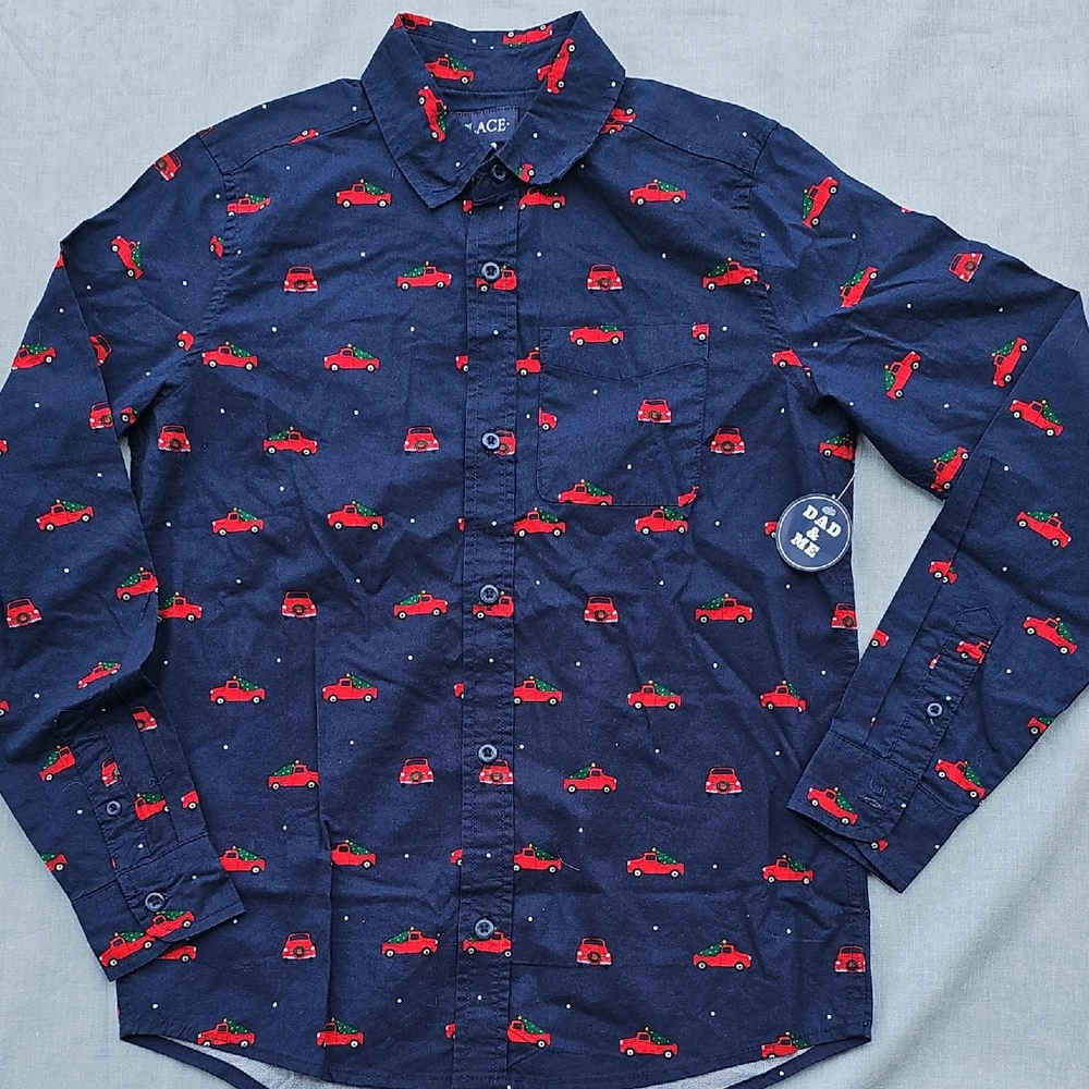 Place Blue and Red Casual Button Down Shirt with Vintage Car Print
